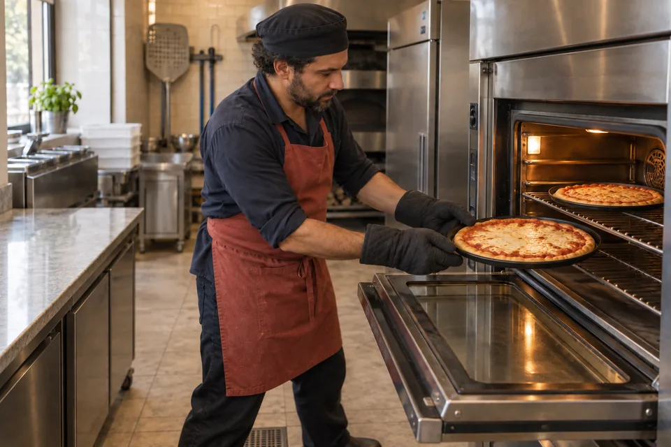 Cook removing two golden cheese pizzas on shallow black pans.