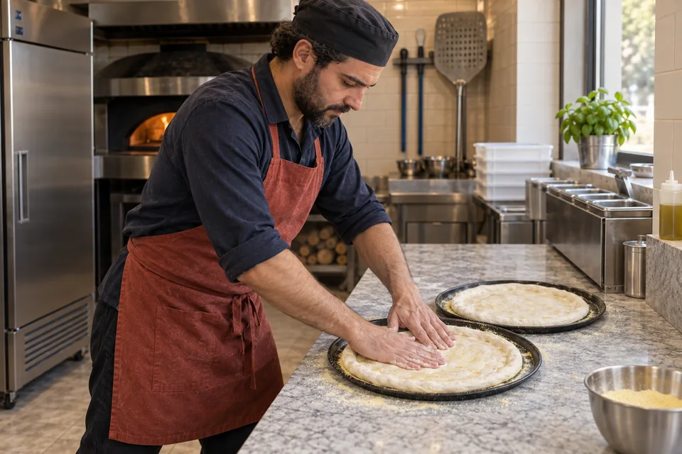 Two raw pizza bases on shallow black cornmeal-dusted pans.