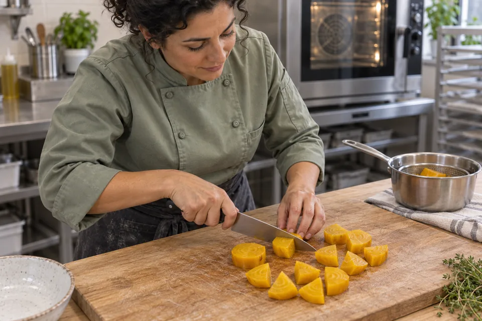 A cooked golden beet cut into twelve bite-sized quarter-disc pieces.