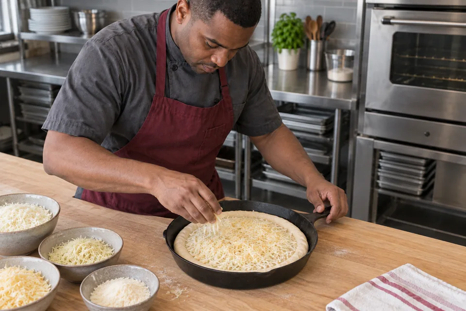 Cook topping a raw four cheese skillet pizza.