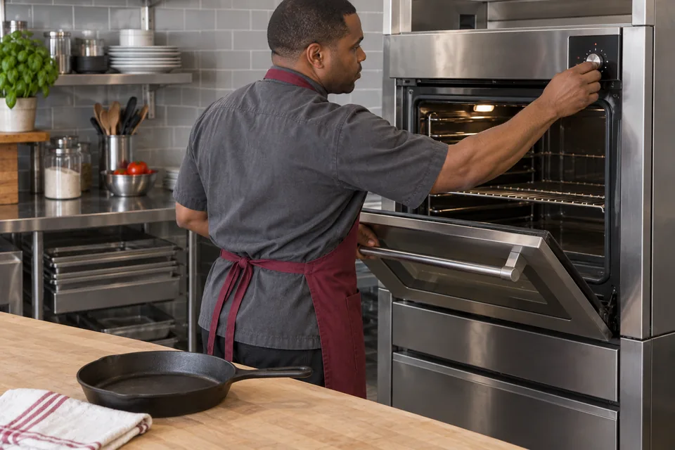 Cook heating the oven while an empty dry skillet stays on the counter.