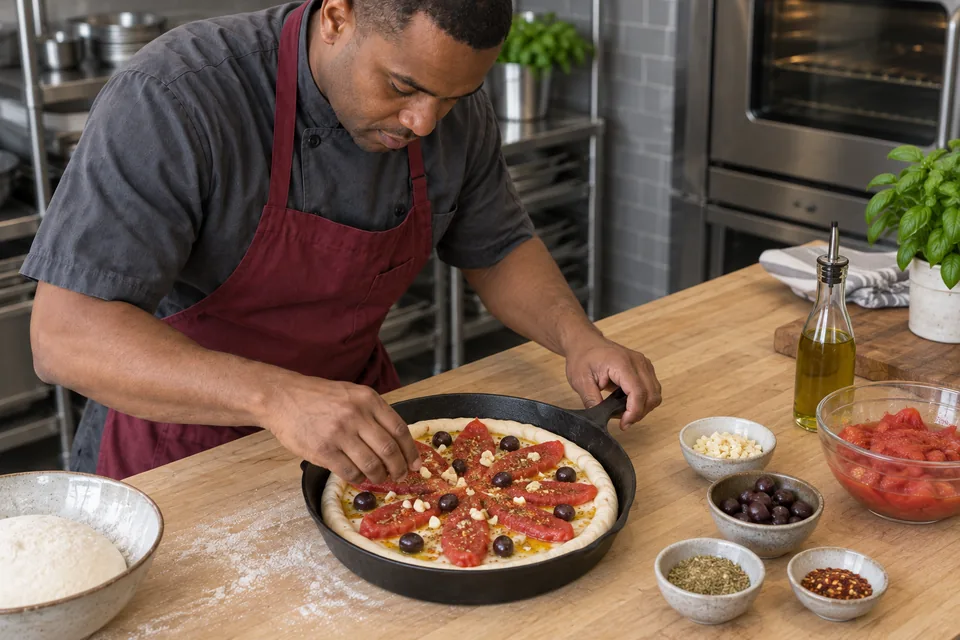 Tomato strips and black olives on raw dough, before anchovies are added after baking.