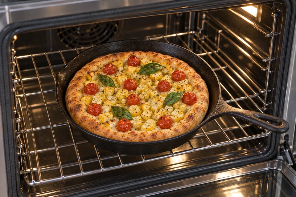 A squash skillet pizza baking until the crust is golden and the topping cooked.
