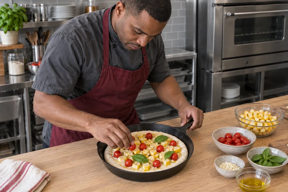 Cook adding toppings to a raw squash skillet pizza.
