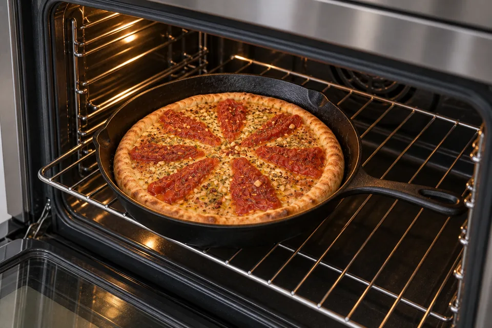A tomato garlic skillet pizza baking until the crust is golden and the topping cooked.