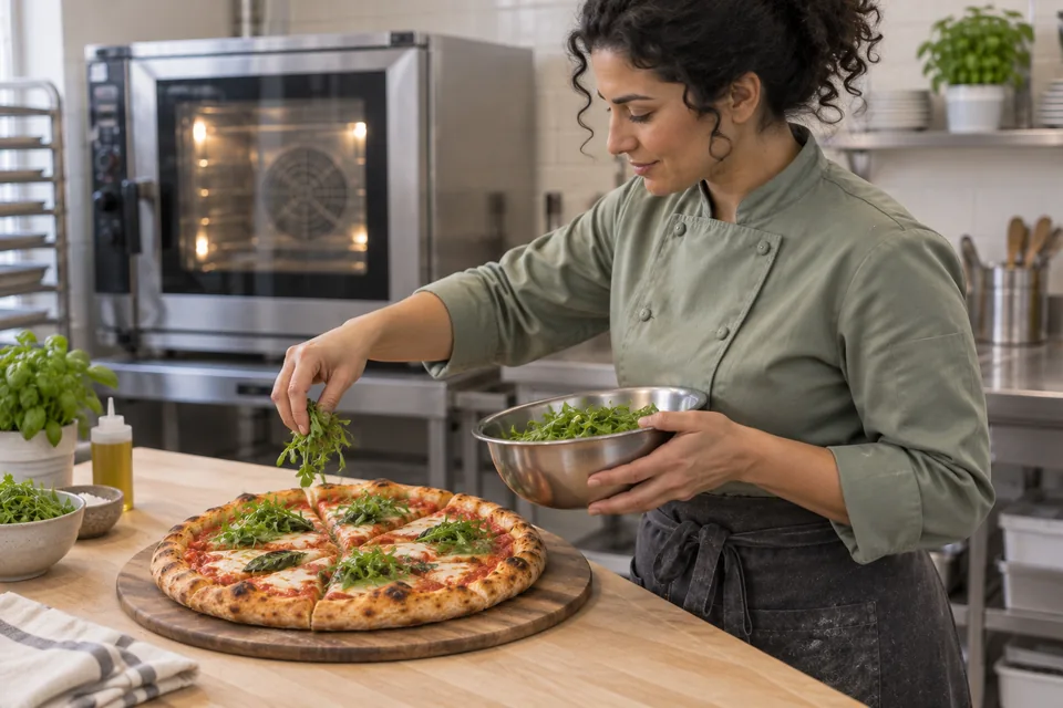 Fresh arugula added to the slices of a baked margherita pizza.