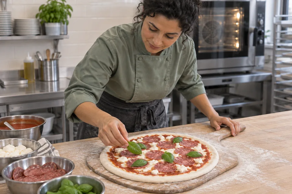 Chef topping a raw beef salami pizza on a floured wooden peel.