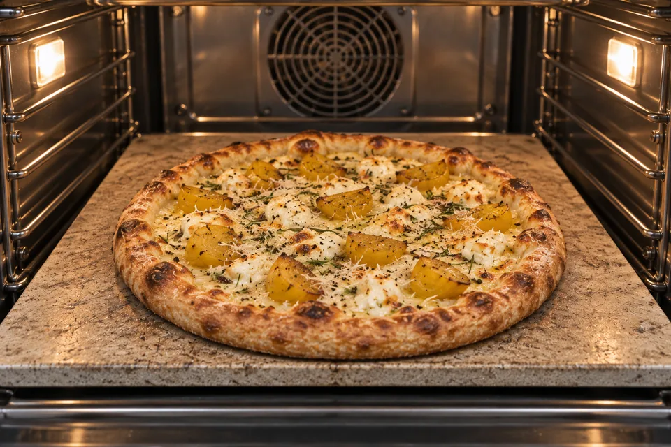 Golden beet and cheese pizza baking on a stone, before the cooked duck is added.