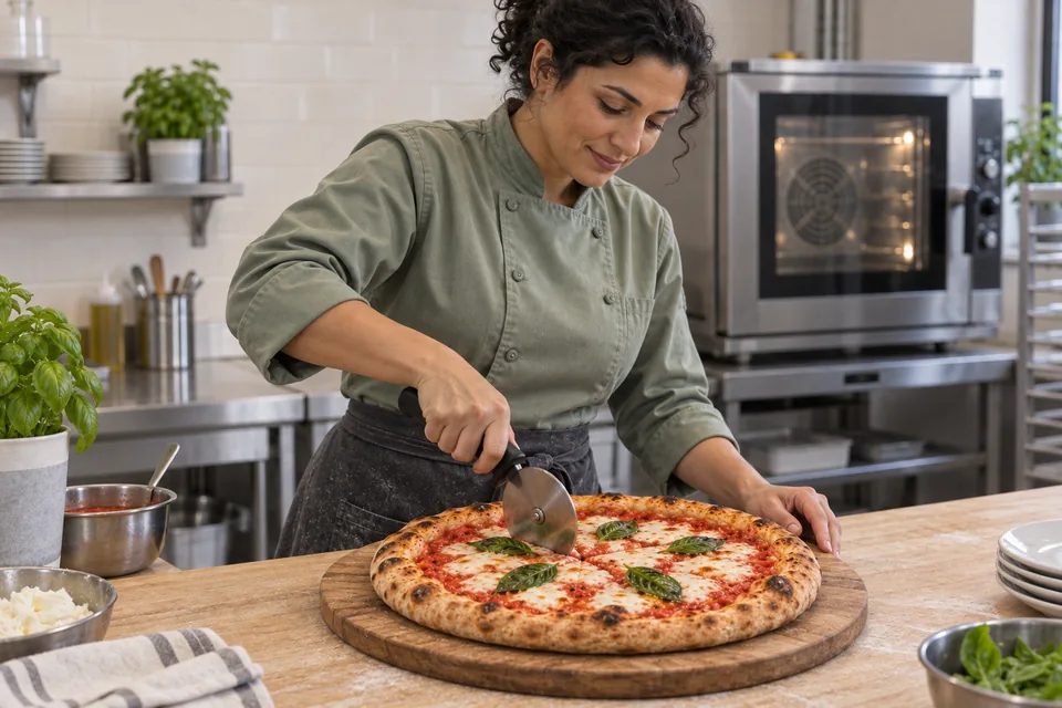 Finished margherita pizza on a wooden board, ready to serve.