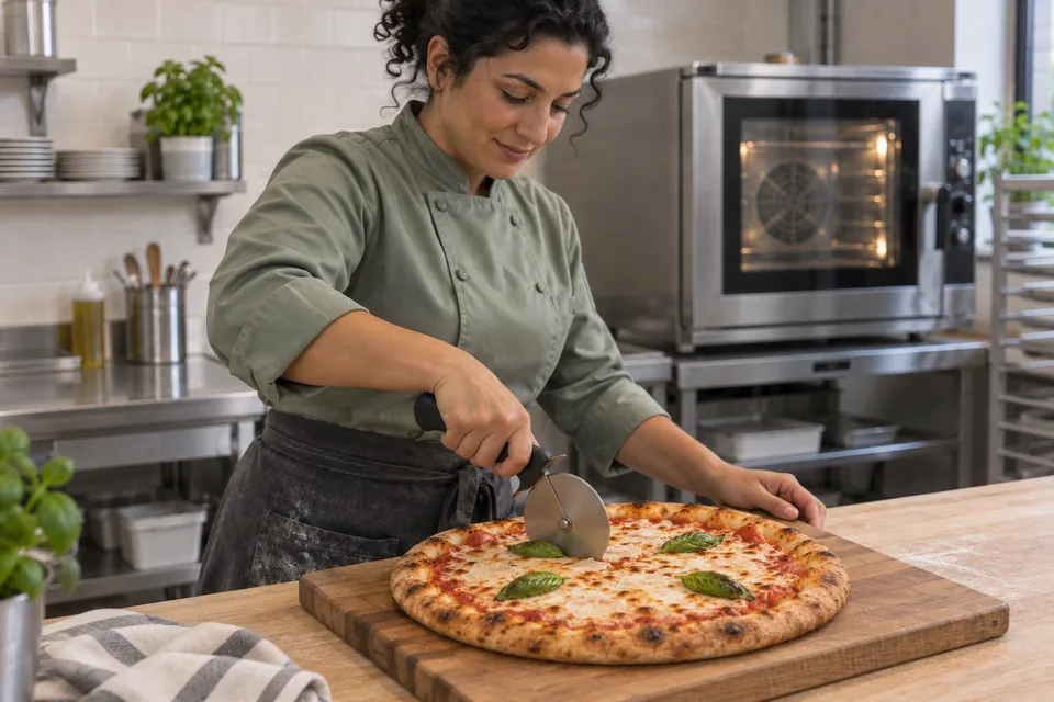 Finished two cheese pizza on a wooden board, ready to serve.