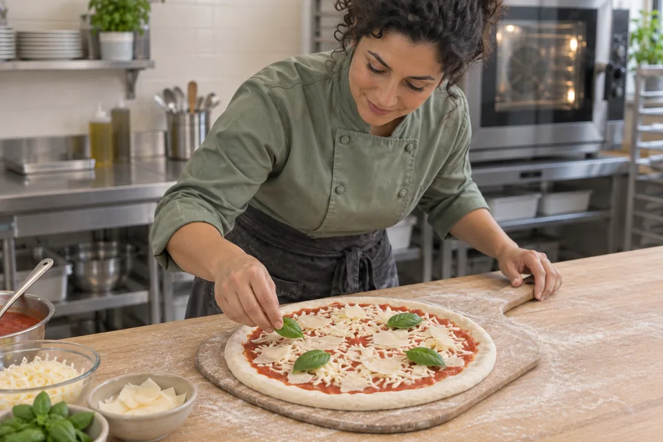 Chef topping a raw two cheese pizza on a floured wooden peel.