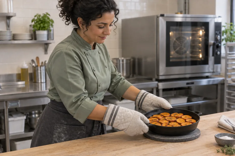 Thin sweet potato rounds roasted until tender but still holding their shape.