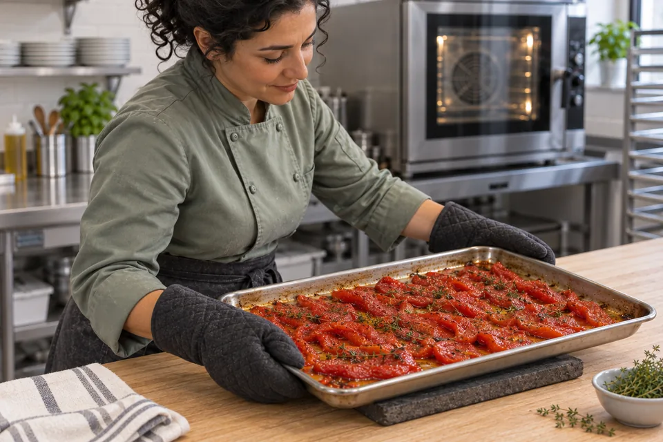 Irregular strips of peeled plum tomato gently roasted with olive oil and thyme.