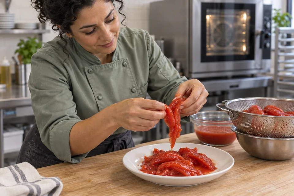 Peeled tomatoes separated by hand into broad strips and draining on a plate.