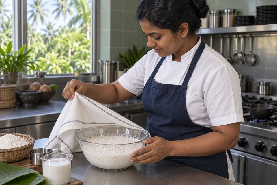 A cook lifts a cloth from a glass bowl of rested bubbly hopper batter.