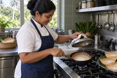 A cook lifts a lid from a curved hopper pan containing a plain appam with a lacy rim and white set centre.