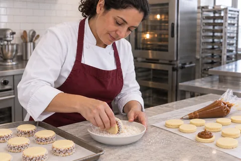 A baker rolls the edge of a two-cookie dulce de leche sandwich in desiccated coconut.