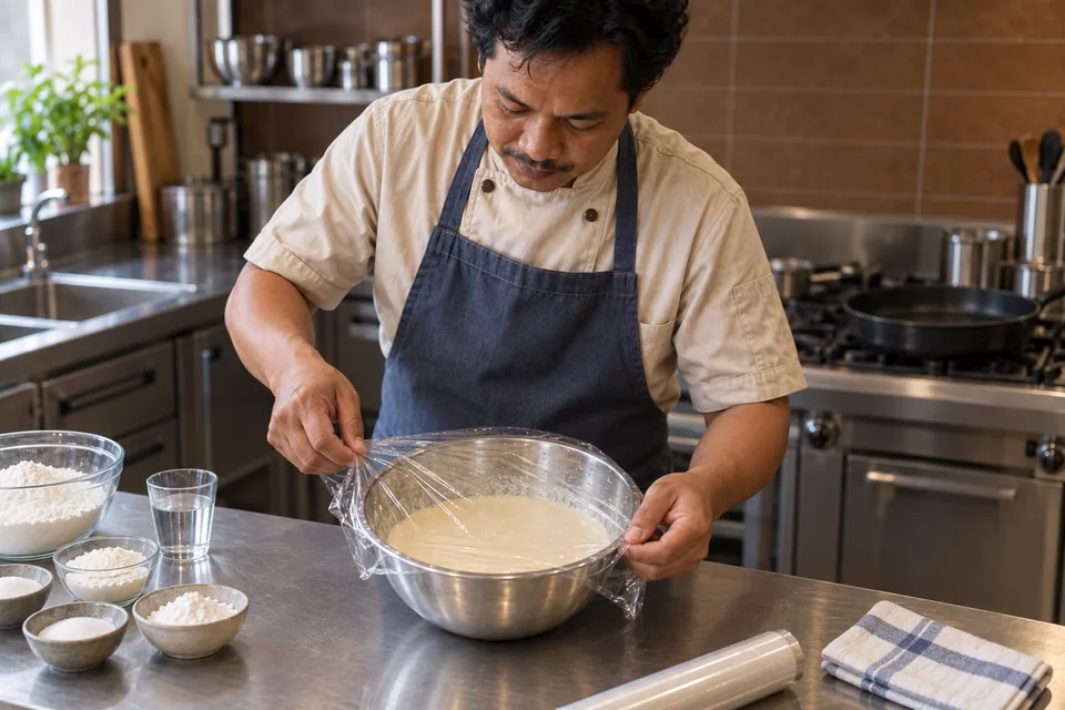 A cook covers a bowl of pale martabak batter with clear food wrap.