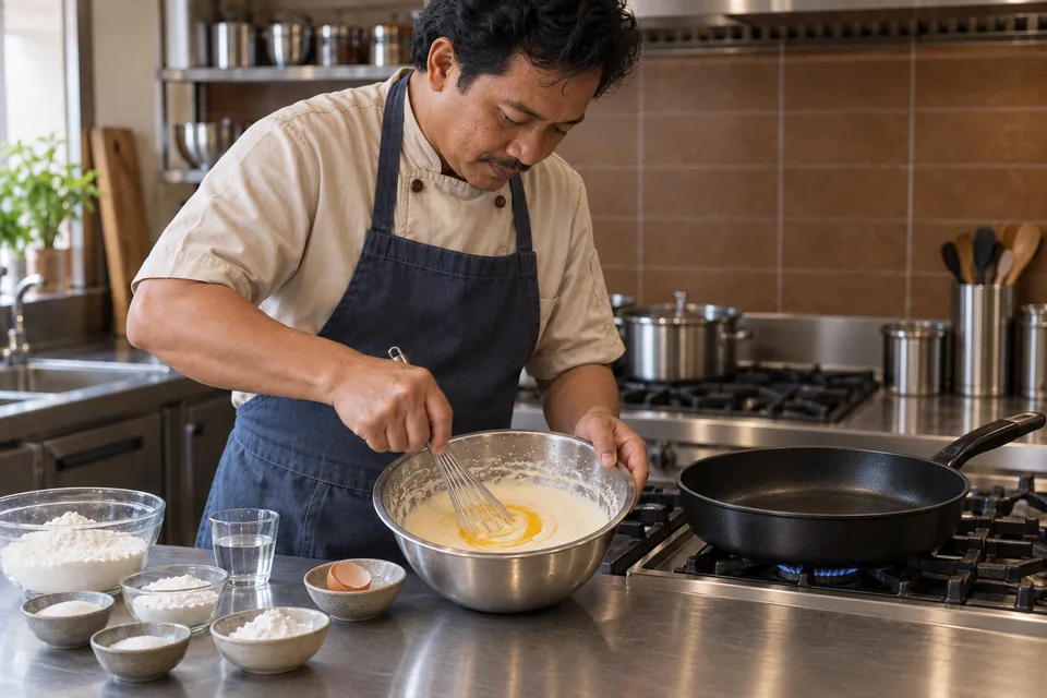 A cook whisks egg into rested batter beside a preheating black skillet.