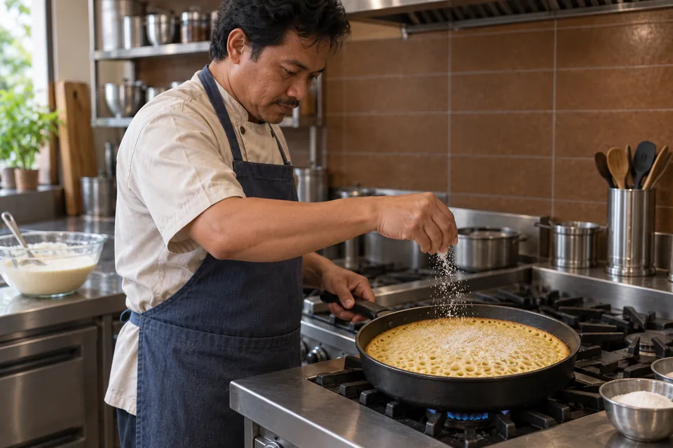 A cook scatters sugar over a single martabak pancake with an open honeycomb surface.