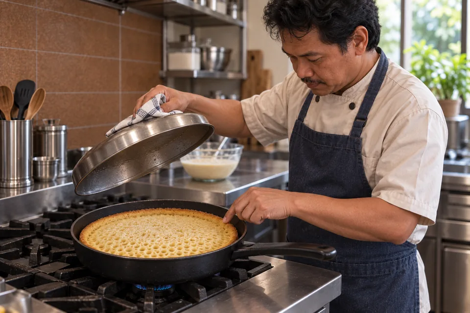 A cook lifts the skillet lid and gently checks the set surface of a golden martabak pancake.