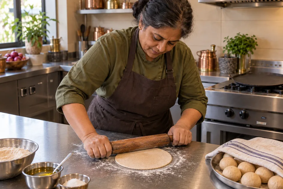 A cook rolls a small whole-wheat dough circle with other portions partly covered nearby.
