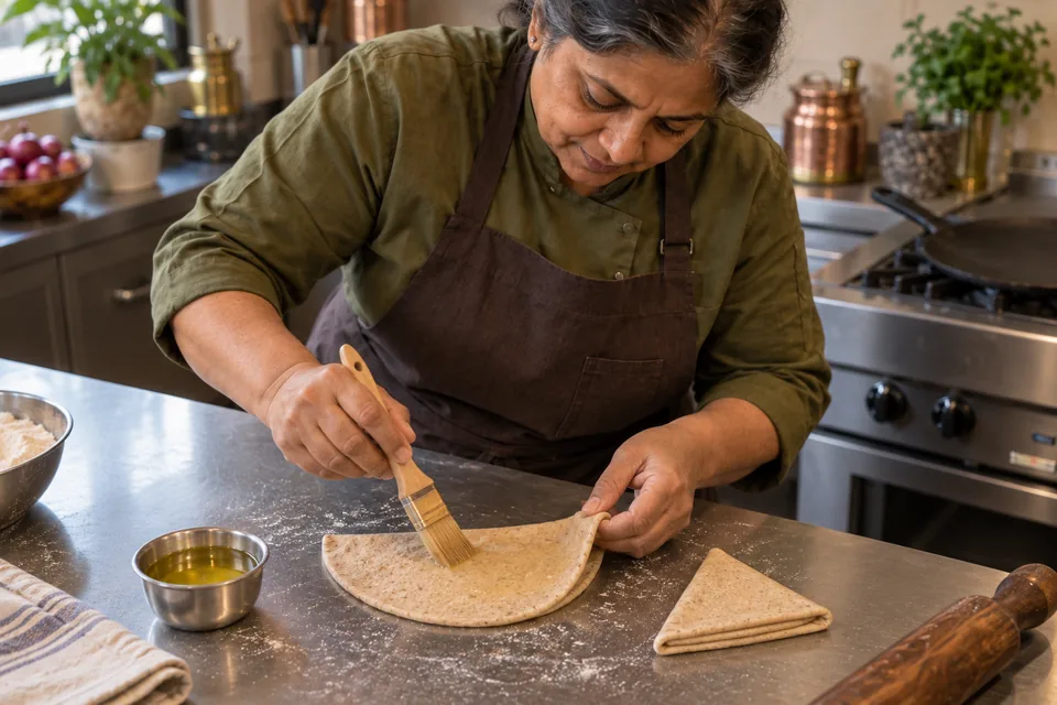 A cook brushes ghee over a dough semicircle beside an already folded triangle.