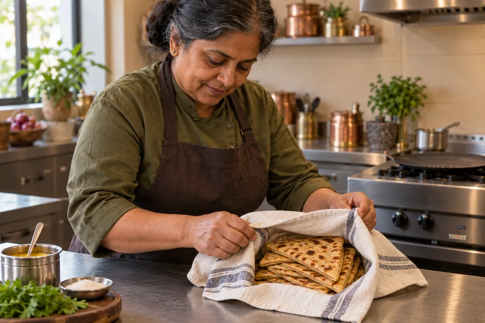 A cook folds a clean cloth around a stack of warm triangular parathas.