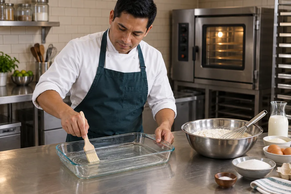 A baker brushes a clear rectangular glass baking dish with grease beside a bowl of dry ingredients.