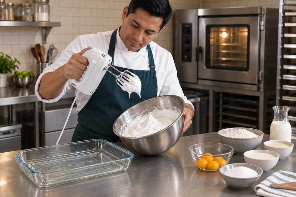 A baker lifts switched-off beaters above a bowl of glossy stiff egg whites.