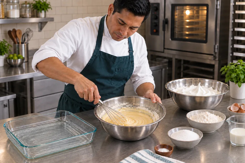 A baker whisks pale yellow cake batter beside a separate bowl of whipped egg whites.