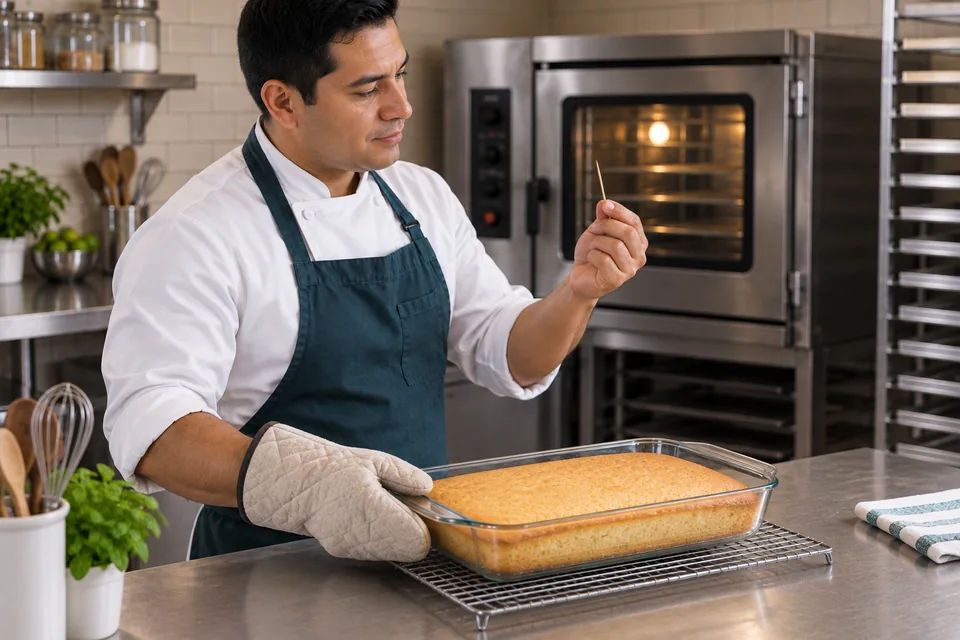A baker inspects a clean toothpick beside a golden sponge cake in a rectangular glass dish.