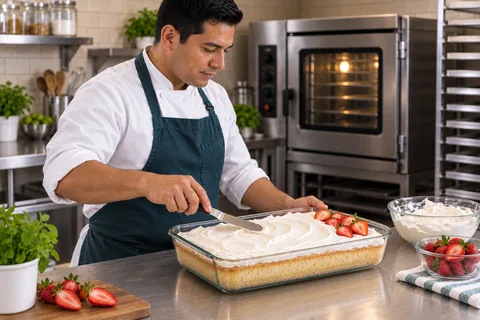 A baker spreads whipped cream over an intact rectangular tres leches cake with strawberries at one corner.
