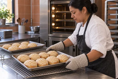 A baker wearing oven mitts places a tray of golden conchas on a cooling rack.