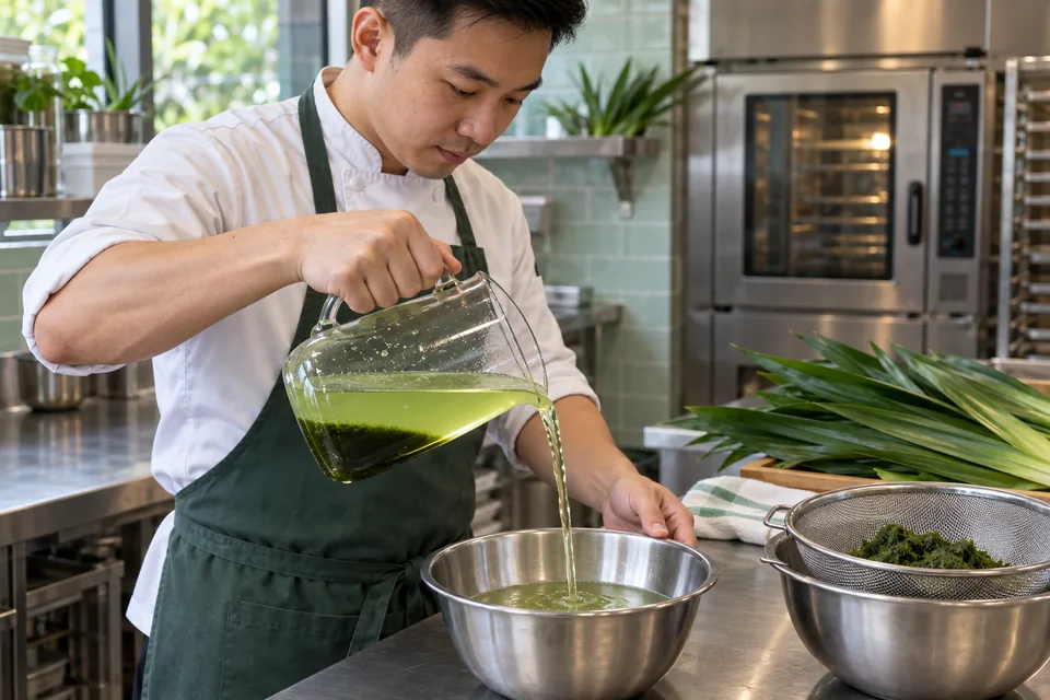 A cook carefully pours pale liquid from a jug while dark pandan sediment remains at its bottom.