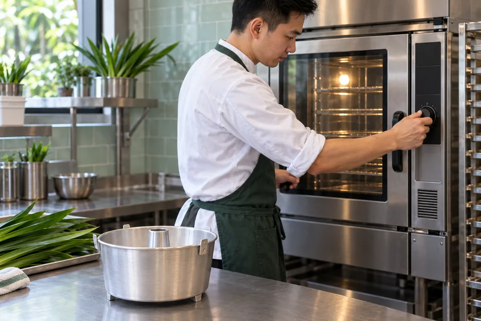 A cook adjusts an oven control beside an empty silver aluminium tube tin.