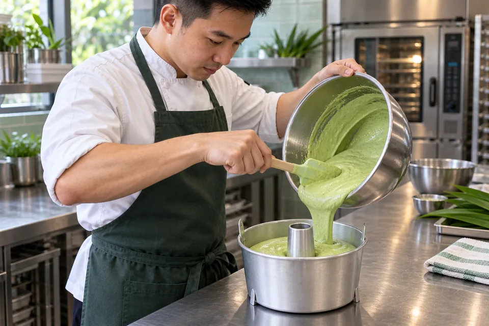 A cook guides airy pale-green batter from a bowl into a tall aluminium tube tin.