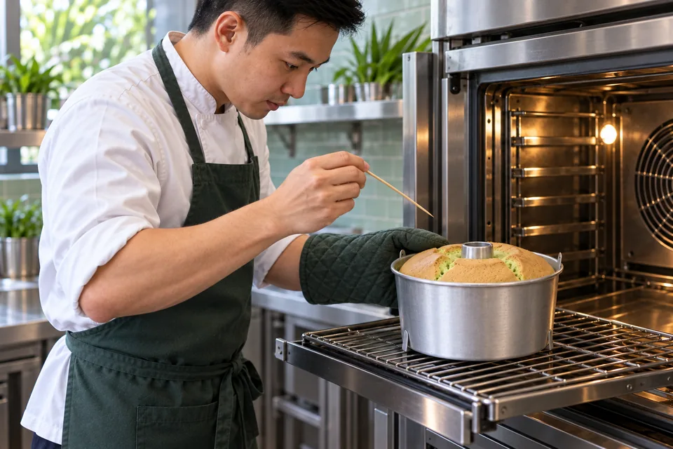 A cook holds a clean skewer beside a golden pandan chiffon cake in its tube tin on the oven rack.