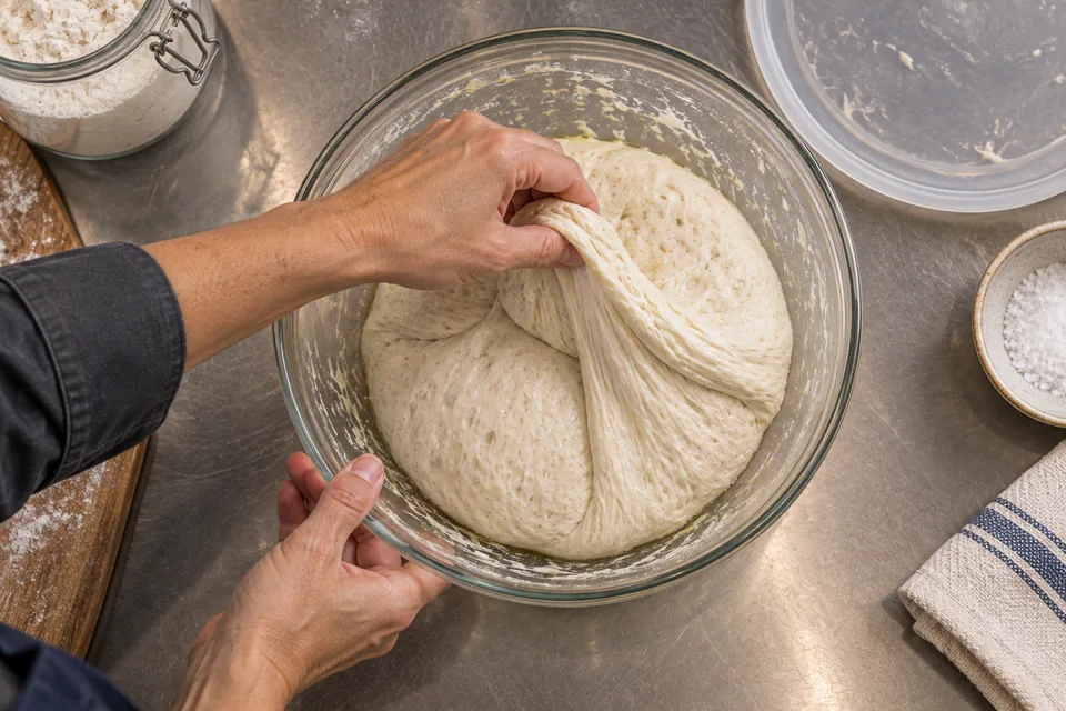 Overhead view of hands folding an edge of puffy baguette dough across the centre of a bowl.