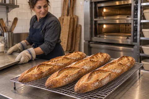 Three deeply golden scored baguettes cool on a wire rack.