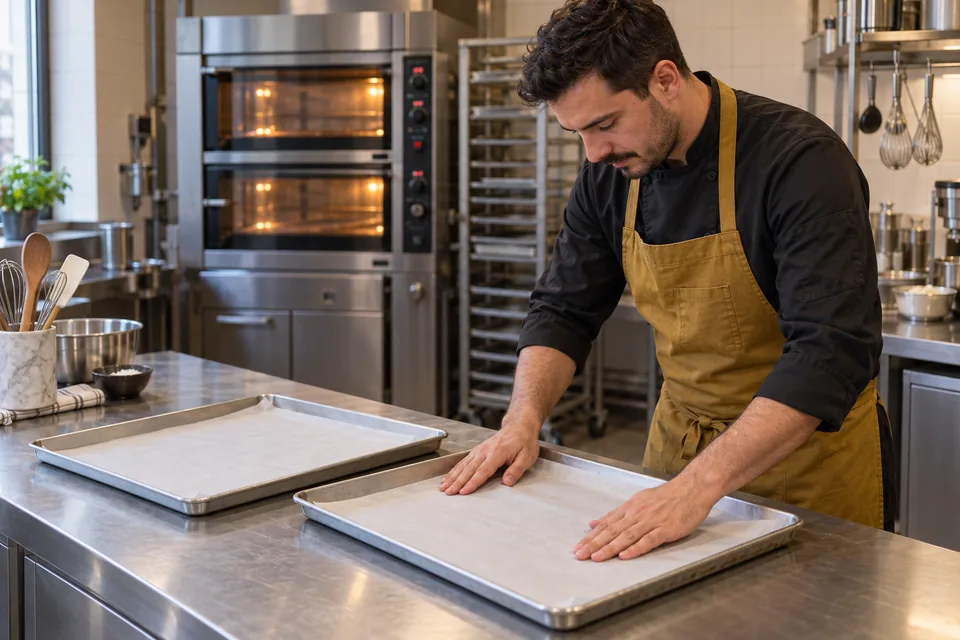 Chef smooths parchment into one of two empty baking trays.