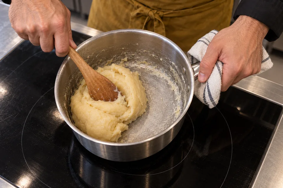 A wooden spoon pushes a ball of choux paste across the lightly coated saucepan bottom.