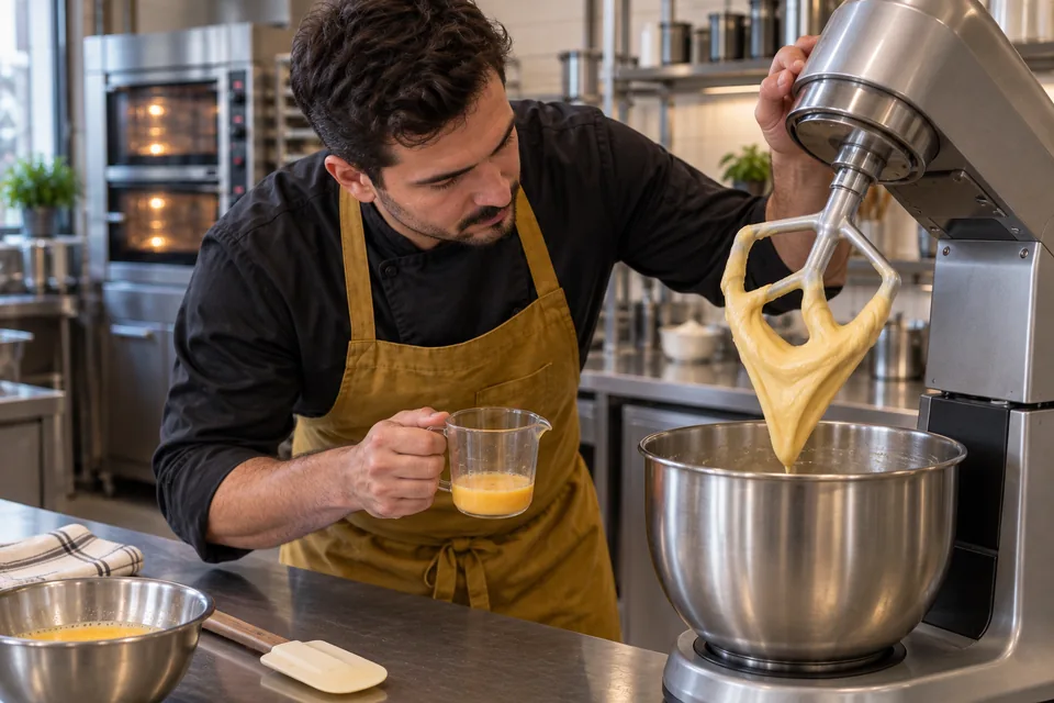 Glossy choux paste forms a thick ribbon from the paddle of a stopped mixer.