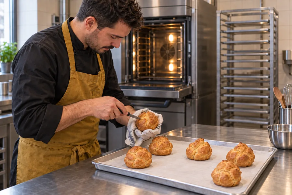 Chef makes a small side slit in a golden choux shell beside five other baked shells.