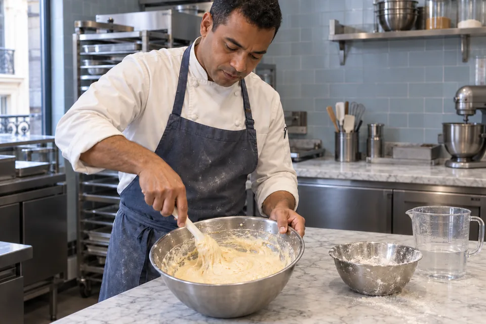 Pastry chef stirs a thick pale sponge mixture in a steel bowl.