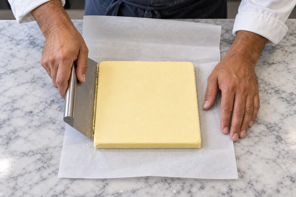 Hands square a pale butter block on parchment with a bench scraper.