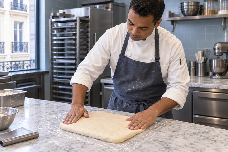 Chef shapes the smooth croissant dough into a square before wrapping.