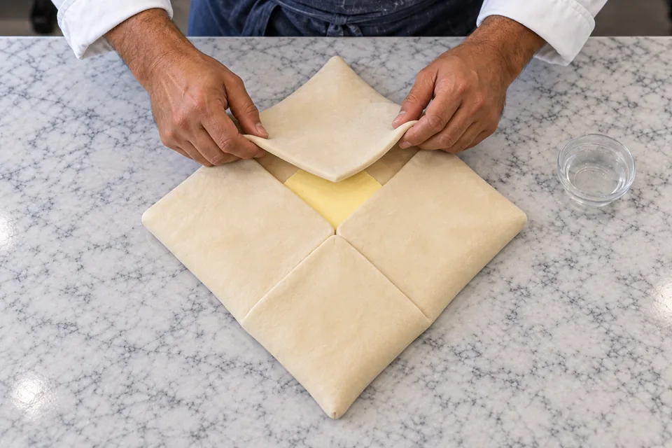 Hands close the dough envelope around a square butter block.