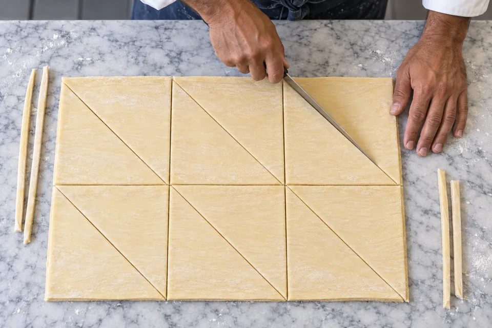 Hands cut a rectangular laminated dough sheet into a grid of twelve triangles.