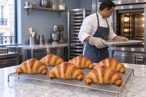 Six whole golden laminated croissants cool on a wire rack.